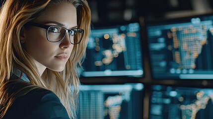Aufkleber - Female cybersecurity professional with glasses, focused on multiple screens displaying data and analytics, showcasing modern tech environment and sense of determination