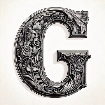 A highly detailed black and white engraving-style letter with intricate cross-hatching