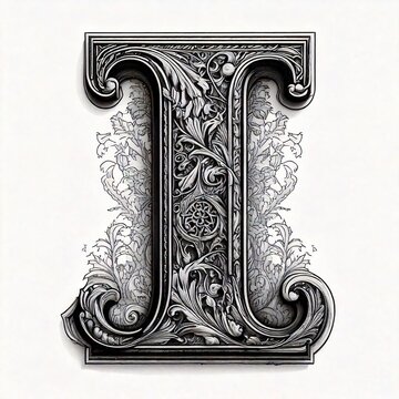 A highly detailed black and white engraving-style letter with intricate cross-hatching