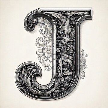 A highly detailed black and white engraving-style letter with intricate cross-hatching