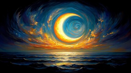 Wall Mural - crescent moon over swirling ocean sunset.