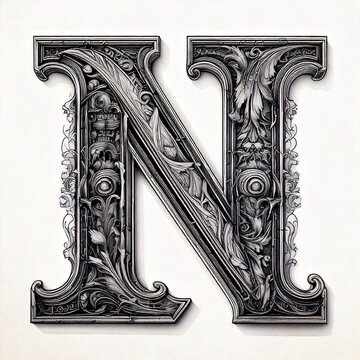 A highly detailed black and white engraving-style letter with intricate cross-hatching