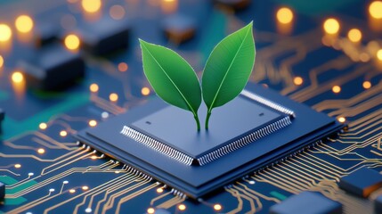 Poster - a vibrant microchip with green leaves symbolizes the fusion of technology and sustainability, green 