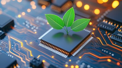 Poster - A green sprout emerges from a microchip, symbolizing the fusion of technology and nature, Green Technology.