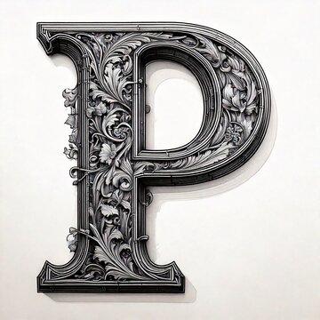 A highly detailed black and white engraving-style letter with intricate cross-hatching