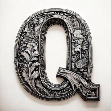 A highly detailed black and white engraving-style letter with intricate cross-hatching