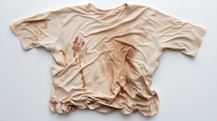 Poster - A stained and crumpled cotton t-shirt on a light cream background, symbolizing everyday messes and laundry care.