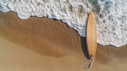 Poster - Abstract shot of a single bright surfboard partially buried in sand, endless ocean view, copy space.