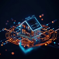 Poster - A 3D rendering of a futuristic smart home controlled by AI.