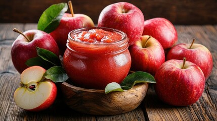 Poster - A rustic kitchen table with a jar of homemade apple sauce surrounded by apples. 