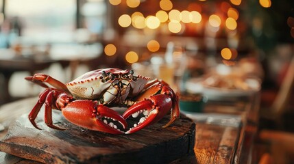 Poster - A rustic seafood restaurant hosting a crab feast night with a festive atmosphere.