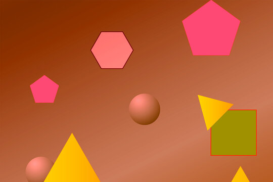 Abstract geometric shapes including triangles and circles arranged in an artistic pattern on a light brown background.