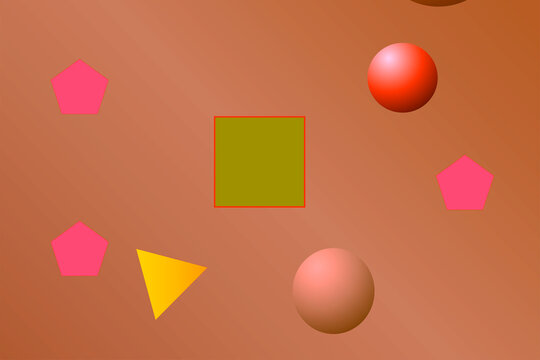 Abstract geometric shapes including triangles and circles arranged in an artistic pattern on a light brown background.