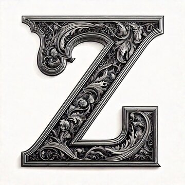 A highly detailed black and white engraving-style letter with intricate cross-hatching