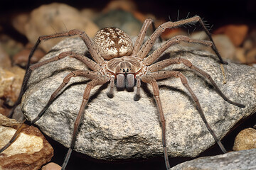 Close-up of a huntsman spider resting on a stone displaying intricate patterns and textures