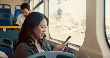 Poster - business, commute and phone with woman on bus for public transportation to destination or location. 
