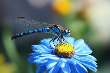 Poster - Brightly colored dragonfly perched on vibrant blue flower during a sunny day in a garden setting