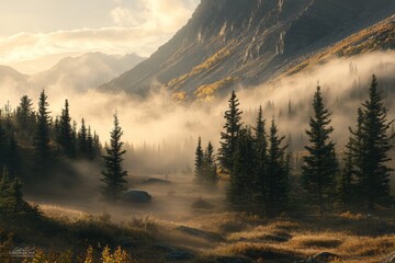 Poster - Misty morning light reveals a tranquil valley surrounded by majestic mountains and lush evergreen forests