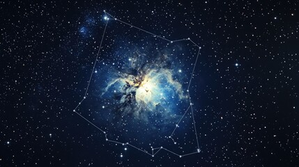 Poster - A telescope view of the Crab Nebula, with labeled stars and constellations. 