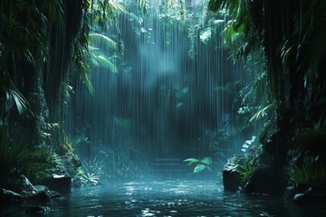 Aufkleber - Majestic waterfall cascading into a serene jungle pool surrounded by lush greenery and mist