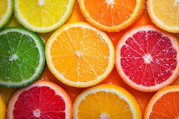 Poster - Colorful display of citrus fruit slices featuring lime, lemon, orange, and grapefruit arranged on a bright background