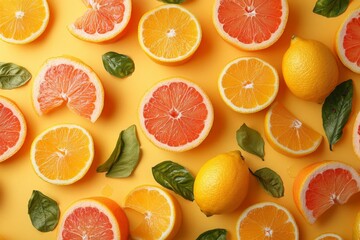 Poster - Colorful citrus fruits arranged on a yellow surface with fresh basil leaves for a vibrant, fresh display