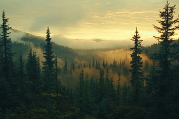 Poster - Sunrise over misty forest landscape with towering trees and mountains in the distance