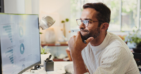 Aufkleber - Thinking, graphs and man on computer in home for review of growth for report, charts or data analysis. Online, remote work or financial analyst with screen for research, solution or problem solving