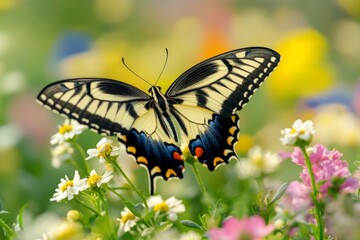 Aufkleber - Colorful butterfly resting on blooming flowers in a vibrant garden during springtime