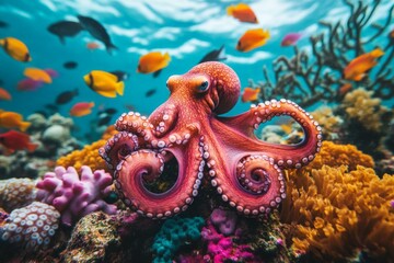 Poster - Colorful octopus exploring a vibrant coral reef surrounded by tropical fish in clear ocean waters