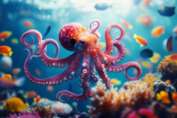 Poster - Colorful octopus gracefully swimming among vibrant coral reefs and tropical fish in a clear ocean environment