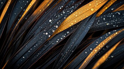 Wall Mural - dew drops on dark and gold-striped leaves.