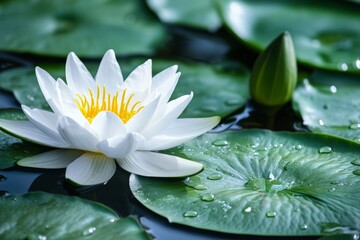 Poster - White lotus flower blooms gracefully on serene water lily leaves in a tranquil pond at midday