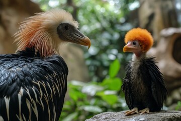 Aufkleber - Uncommon bird species with striking plumage interacting in a lush green habitat during daylight hours