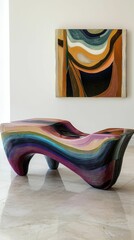 Poster - Abstract Bench with Fluid Lines and Bold Colors in Modern Space