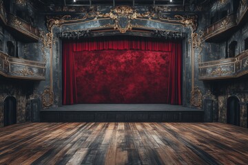 Poster - Historic theater interior featuring a grand stage with red curtains and ornate details in an elegant setting