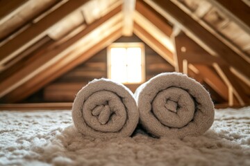 Poster - Cozy attic space featuring neatly rolled towels on soft carpet near a window with warm sunlight filtering through wooden beams