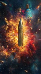 Poster - Colorful Burst of Energy Surrounding a Bullet Amidst Cosmic Background