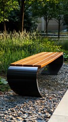 Poster - Contemporary Wooden and Metal Bench in Urban Green Space