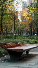Poster - Contemporary Wood and Metal Bench in Urban Green Space with Trees