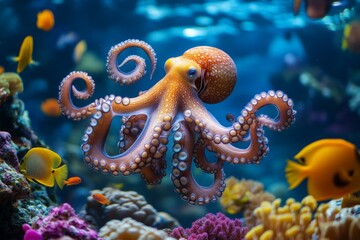 Poster - Vibrant octopus swimming among colorful coral reef and tropical fish in a beautiful underwater environment