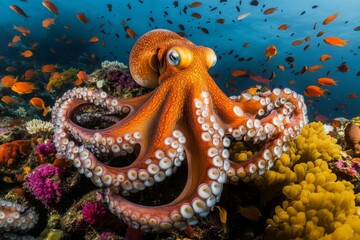 Poster - Colorful octopus resting among vibrant coral reef teeming with fish in clear ocean waters