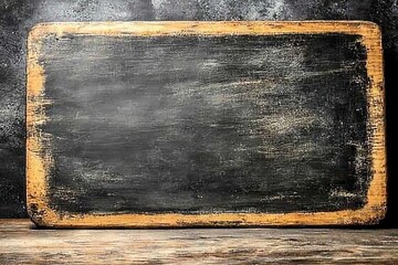 Poster - Vintage chalkboard resting on a rustic wooden table with a textured background