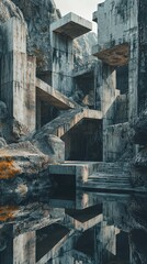 Poster - Surreal Concrete Ruins with Reflections in Crumbling Landscape