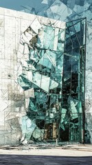 Poster - Crumbling Modern Building with Fragmented Glass Facade
