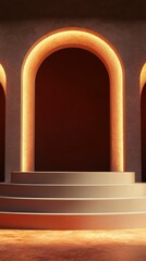 Poster - Empty Retro Stage Podium Scene with Warm Lighting and Arched Design