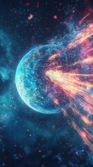 Poster - Futuristic Digital Planet Orbiting with Bullet-Like Energy Streams