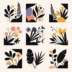 Poster - Botanical Abstract: Artistic botanical arrangements with flowers and foliage in geometric frames, offering a touch of elegance for design.