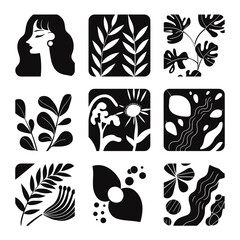 Poster - Artistic Silhouettes: A collection of square artworks featuring striking silhouettes of people, plants, and nature elements in black and white, creating a minimalist and elegant design.