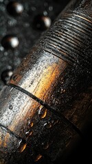 Poster - Intense Close-Up of Metallic Surface with Grooves and Water Droplets